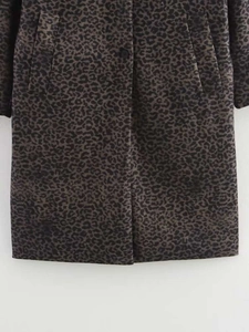 Close-up of leopard print coat featuring single-breasted buttons and side pockets