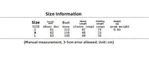 Detailed size chart for women's oversized plaid shirt jacket including S M L measurements