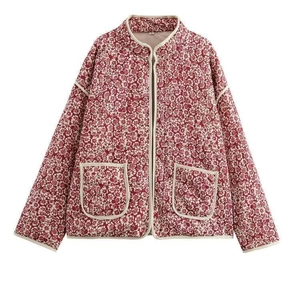 Women Vintage Floral Quilted Jacket Loose Stand Collar Long Sleeve Padded Coat With Pockets Vintage Pastoral Style Outerwear
