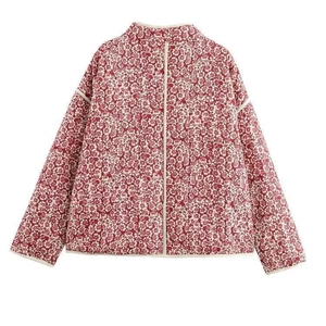 Women's vintage floral quilted jacket with high collar and stylish contrast piping