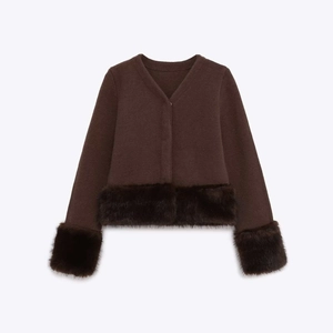 Women Elegant Knit Cardigan With Faux Fur Trim Long Sleeve Dark Brown Polyester Patchwork Sweater Coat For Autumn Daily Wear