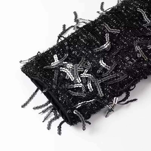 Close-up of black sequined dress fabric showing detailed texture and hanging fringe