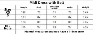 Detailed size chart for the belted midi dress including measurements from XS to L sizes