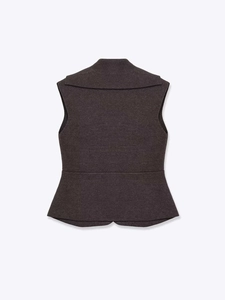 Detailed back view of a charcoal grey peplum vest featuring a notched lapel and flared hem