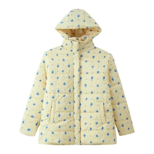 Women's yellow hooded floral puffer jacket with blue flower print and quilted design