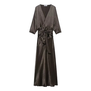 Elegant Deep V Neck Satin Long Dress For Women Bronze Deep Coffee Ruched Pleated Bow Belt High Waist Slim Maxi Dress