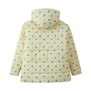 Detailed back view of a light yellow hooded puffer coat with blue floral print and quilting