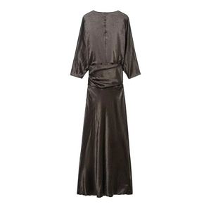 Elegant charcoal satin midi dress with round neck and pleated waist detail on plain background