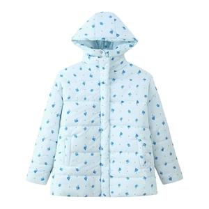Women's loose floral hooded jacket in light blue with dark blue flower print for winter