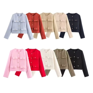 Elegant Women Tweed Jacket Round Neck Short Outerwear Gold Buttons Vintage Woven Cardigan Jacket For Fall Winter Fashion