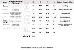 Tableau des tailles pour pantalon en similicuir croco avec mesures et détails du tissu