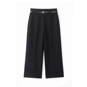 Γυναικείο μαύρο ψηλόμεσο παντελόνι με φαρδύ μπατζάκι, ζώνη και κεντρικές πιέτες