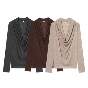 T-Shirt à Manches Longues pour Femmes Col Bénitier Élégant Coupe Ajustée Texture Chinée Haut de Base pour Bureau Décontracté