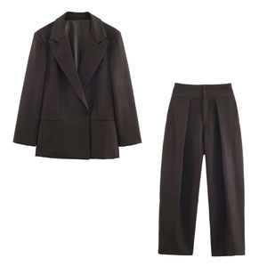 Blazer Da Donna Con Revers E Pantaloni A Gamba Larga A Vita Alta Poliestere Tinta Unita Completi Casual Moda Outfits