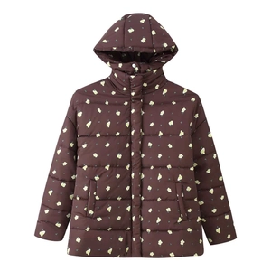 Women's loose dark brown quilted hooded parka with yellow floral print pattern