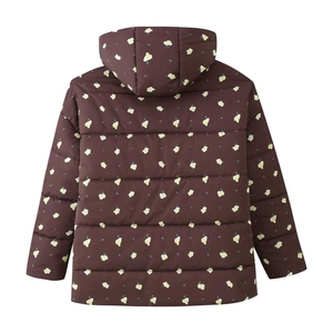 Detail of loose-fit brown hooded jacket with small floral print and quilted texture