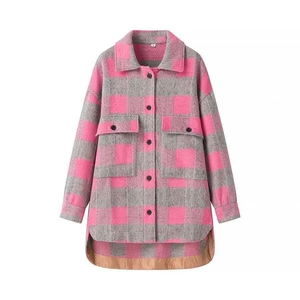 Women's oversized pink and grey plaid shacket jacket with button pockets and curved hem