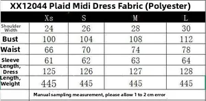 Detailed size chart for the elegant plaid midi dress with length and bust measurements