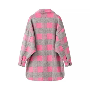 Pink and grey oversized plaid shirt jacket for women with long sleeves and loose fit