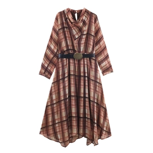 Women's Elegant Plaid Cowl Neck Long Sleeve Midi Dress High Waist Asymmetrical Chiffon Dress With Belt Summer Autumn Commute