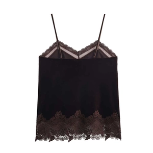 Elegant dark brown velvet camisole top with floral lace trim and adjustable straps