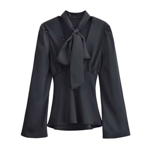 Women Vintage Satin Pussy-Bow Blouse V-Neck Long Sleeve Tie Waist Slim Fit Office Shirt Black Fall Winter Top