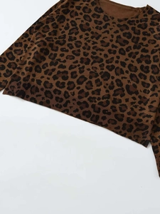 Detailed macro view of the dense knit texture and classic leopard print pattern on the fabric