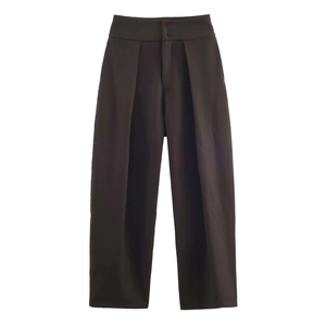 Pantaloni da donna minimalisti a vita alta e gamba larga con eleganti pieghe in grigio scuro