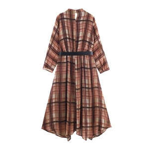 Elegant high-neck plaid midi dress with long sleeves and black leather belt in reddish brown