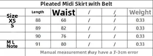 Size chart for herringbone pleated midi skirt with belt showing waist and length metrics