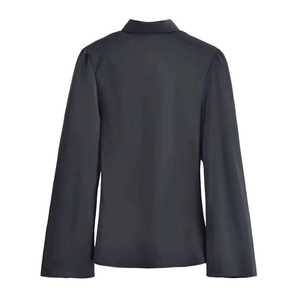 Elegant black satin long sleeve blouse with high neck and flared cuffs for women