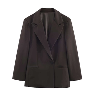 Blazer oversize donna marrone scuro con bottone singolo, revers classici e taglio rilassato