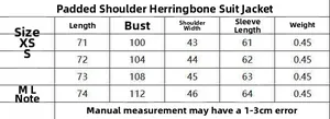 Size chart for herringbone blazer with shoulder pads showing measurements XS to L