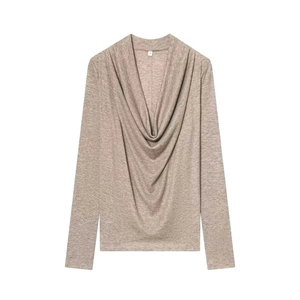 Haut élégant à col bénitier et manches longues pour femmes en maille beige chiné