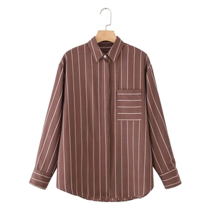 Camicia da Donna Elegante a Righe Marroni a Maniche Lunghe Con Tasca Camicetta da Ufficio Casual Vestibilità Comoda Top a Righe