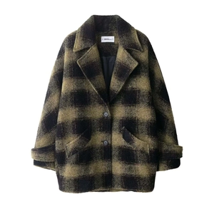 Women Vintage Plaid Woolen Coat Yellow Black Checkered Mid Length Lapel Single Breasted Warm Long Sleeve Autumn Winter Outerwear