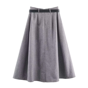 Elegant grey herringbone A-line midi skirt with high waist and minimalist black leather belt
