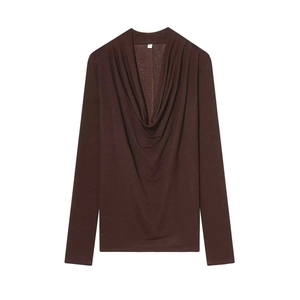 Haut à manches longues pour femme col bénitier marron foncé en maille légère