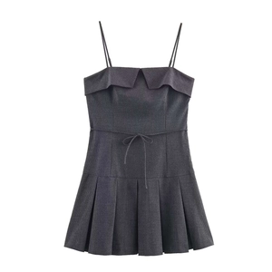 Abito da Donna Sexy Gessato con Spalline Sottili Mini Abito Vita Alta Pieghettato Vestibilità Snellente Grigio Maglia