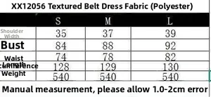 Size guide for gray textured sleeveless dress including shoulder, bust and waist measurements