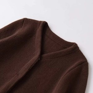 Dark brown faux fur knit cardigan with a stylish V-neck collar and soft texture