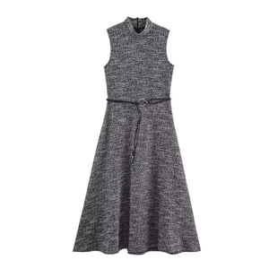 Women's Sleeveless Tweed Texture Maxi Dress Elegant Round Neck Bodycon Dress With Belt Grey