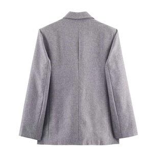 Women's grey herringbone blazer with padded shoulders and notched lapel, back view display