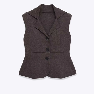 Women Elegant Notched Lapel Sleeveless Vest Single Breasted Slim Fit Peplum Hem Waistcoat Office Solid Polyester Top