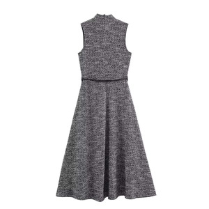 Sleeveless grey tweed midi dress with fitted waist and slim black belt detail