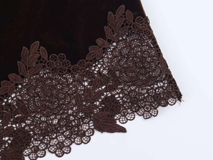 Detail of dark brown velvet fabric with intricate floral lace trim and embroidery