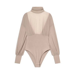 Chic beige high neck bodysuit featuring lantern sleeves and V-shape sheer mesh inserts