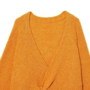 Chic orange V-neck knit sweater with waist knot detail and stylish lantern sleeves