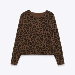 Women's Fashion Leopard Print Round Neck Knitted Sweater Long Sleeve Casual Autumn Winter Warm Pullover Top