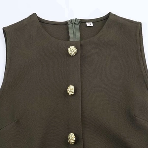 Deep olive green sleeveless midi dress with gold textured buttons and a round neckline